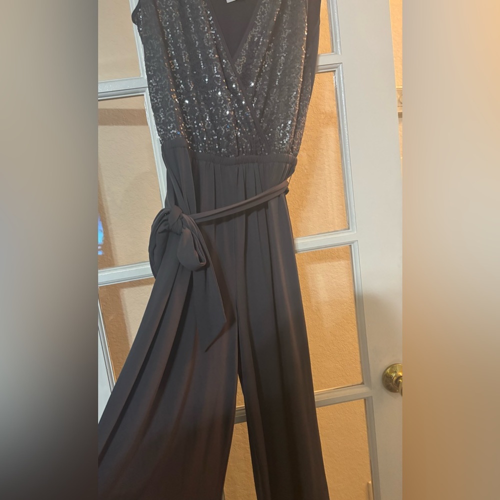Spense Gray Sequin Embellished Jumpsuit with V-Neck